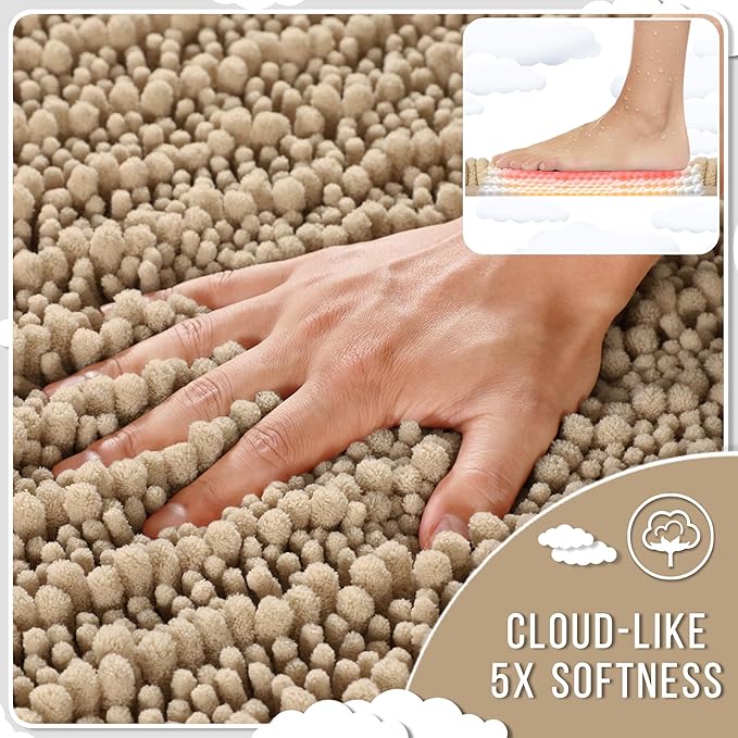 Yimobra Bathroom Rugs Sets 2 Piece - Quick Dry Extra Thick Luxury Chenille Bath Mat, Non Slip Super Absorbent for Tub Shower Sink, Machine Washable Shaggy Floor Mat, 32"x20"+24"x17" Inch, Pale Khaki