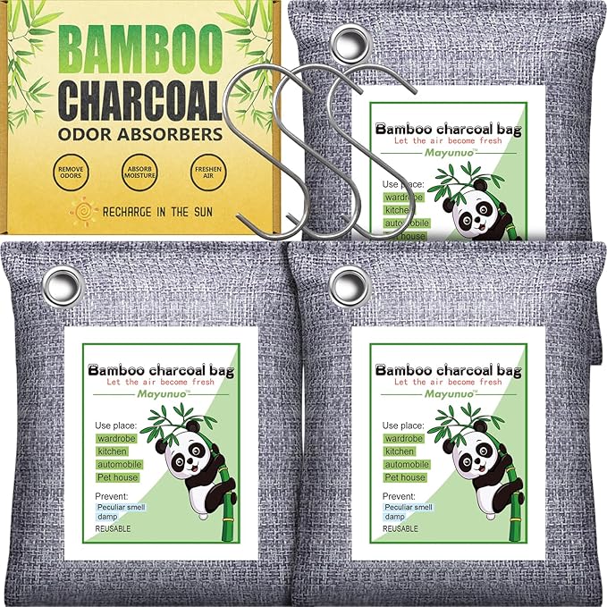 Activated Charcoal Odor Absorber for Strong Odor, Basement, Cars, Closets, Shoes, Smoke. 3 Pack Bamboo Charcoal Air Purifying Bags Deodorizer Odor Eliminator for Home