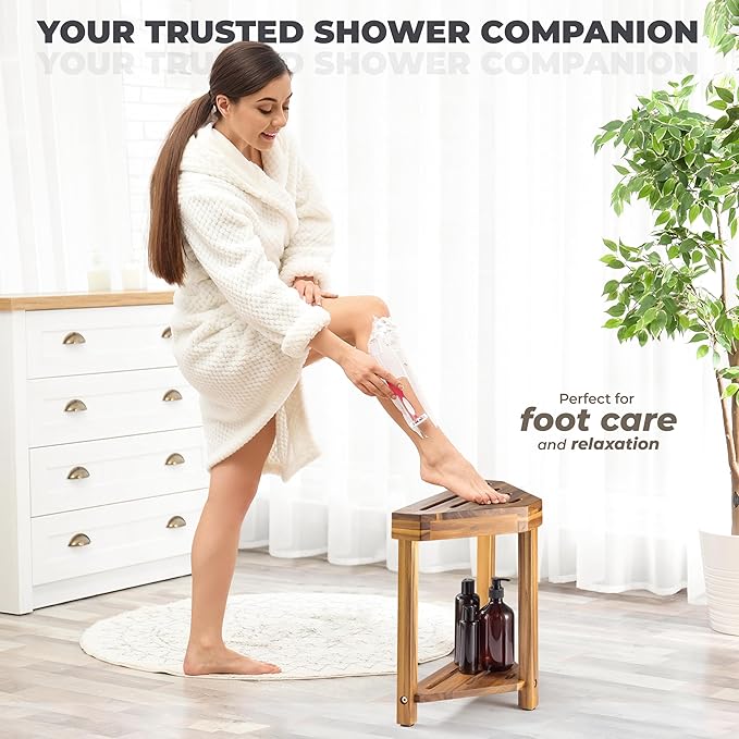 BLUEWEST 16.4" Shower Foot Rest, Corner Shower Stool, Wooden Shower Foot Stool for Shaving Legs Inside Shower, Waterproof Shower Foot Rest with Storage Shelf for Small Shower Space, Shower Seats