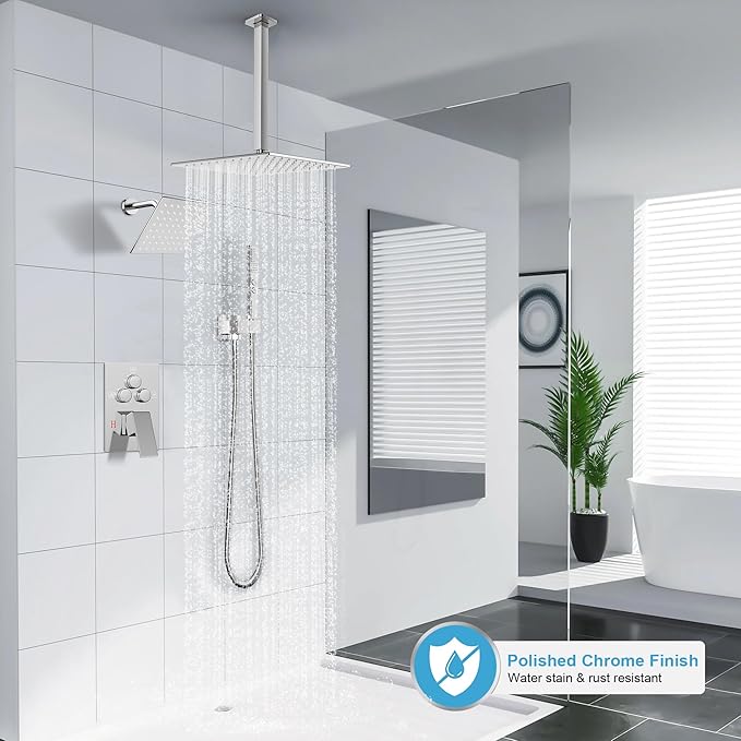 Shower Faucet Set Polished Chrome Shower System, Ceiling Mount 10 Inch Shower Head With Wall Mount 6 Inch Shower Head and 2 in 1 Handheld Spray, Push Button Diverter Shower Valve Trim Kit