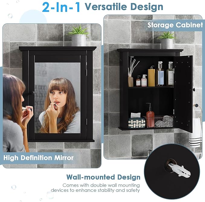 Safeplus Black Medicine Cabinet Wall Mounted with Mirror Adjustable Storage for Bathroom, Living Room, Bedroom, Entryway and Kitchen