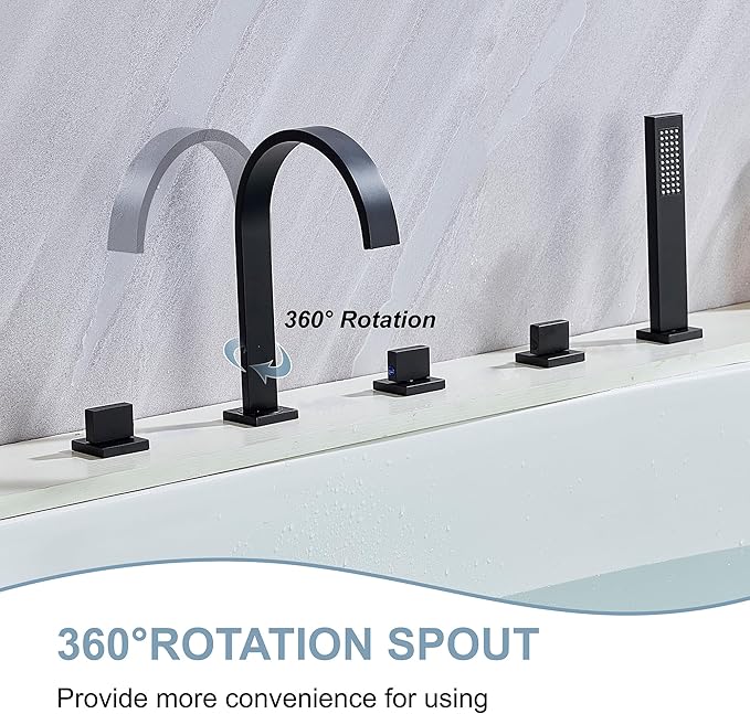 High Arc 5 Hole Roman Tub Filler with Handheld Showerhead Bathroom Widespread Waterfall Bathtub Faucet Set Deck Mounted, Matte Black