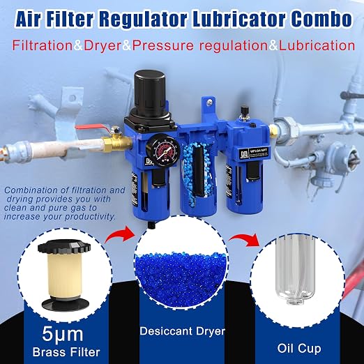 NEWPO 1/2'' NPT Compressed Air Filter Regulator Lubricator Combo - Image 3