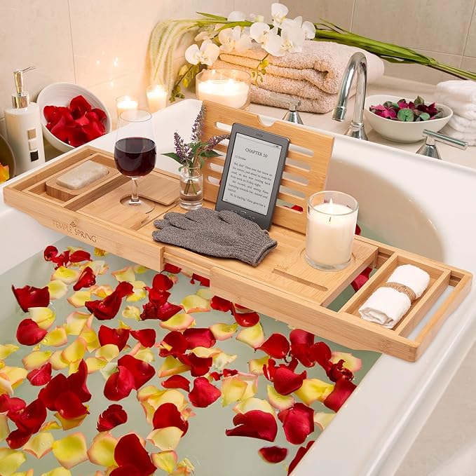Temple Spring Wooden Bathtub Tray, Bamboo Bathroom Accessories, Bath Tray for Tub, at Home Spa Essentials, Board for Tub Table, Bath Caddy for Bathtub Accessories & Bathroom Essentials – Natural