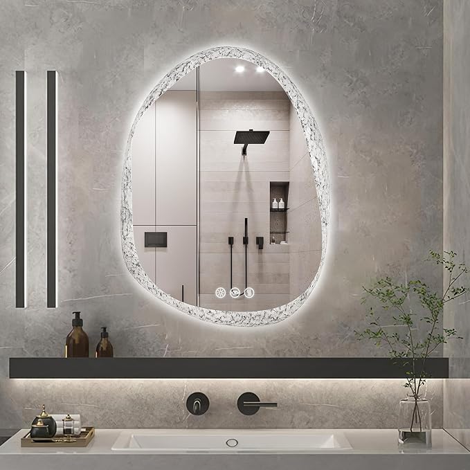LUVODI Lighted LED Bathroom Mirror: 28”x20”Irregular Stone Pattern Frosted Wall - Image 3