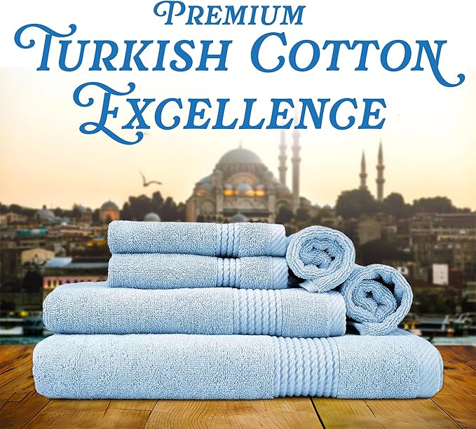 East'N Blue Lara Premium Bath Towel Set 6 Piece - Soft & Highly Absorbent Bathroom Towel Set, 100% Luxury Turkish Cotton, Flannel Bath Towels, 1 Bath Towel, 1 Hand Towel, 4 Washcloths - Ice Blue