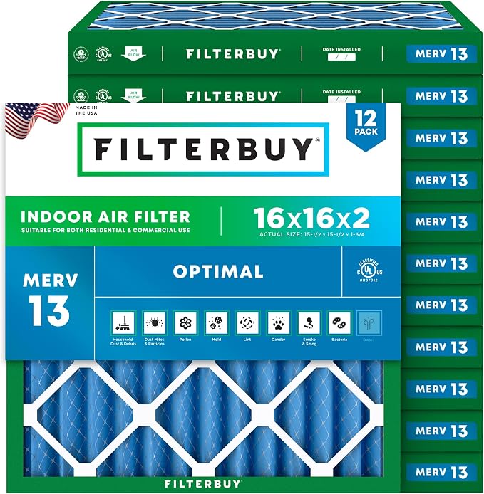 Filterbuy 16x16x2 Air Filter MERV 13 Optimal Smoke & Allergy Defense, by Filterbuy