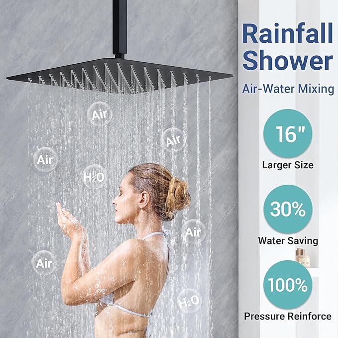 Matte Black Thermostatic Shower System with Body Jets, Ceiling 16” Rainfall Shower & Wall Mount 6-Inch Shower Head Luxury Shower Faucet Set with Handheld Spray, Dual Shower Heads Set