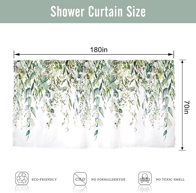 Riyidecor Clawfoot Tub Extra Wide Shower Curtain for Bathroom Decor 180Wx70H Green Eucalyptus Leaves Plants Wrap All Around Circular Round Art Printed Fabric Polyester Waterproof 32 Pack Metal