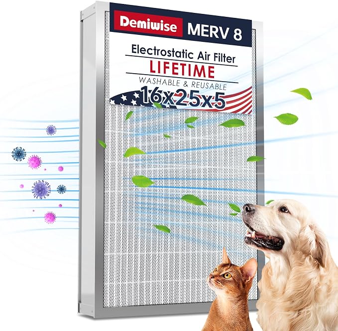 16x25x5 Reusable Electrostatic Air Filter, MERV 8 Lifetime Aluminum AC/HVAC by Demiwise
