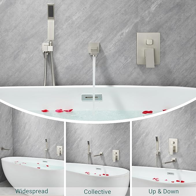 DASAN Swiveling Wall Mount Tub Filler Faucet Set with Hand Held Shower, Brushed Nickel Modern Creative Bathtub Faucet Wall Mounted Bath Tub Faucet with High Flow Rough in Valve, SA-TF05WH-BN