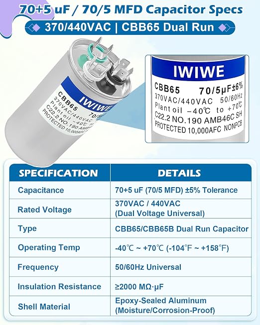 IWIWE 70+5 uF ±5% 370/440VAC CBB65/CBB65B Dual Run A/C Capacitor - Image 3
