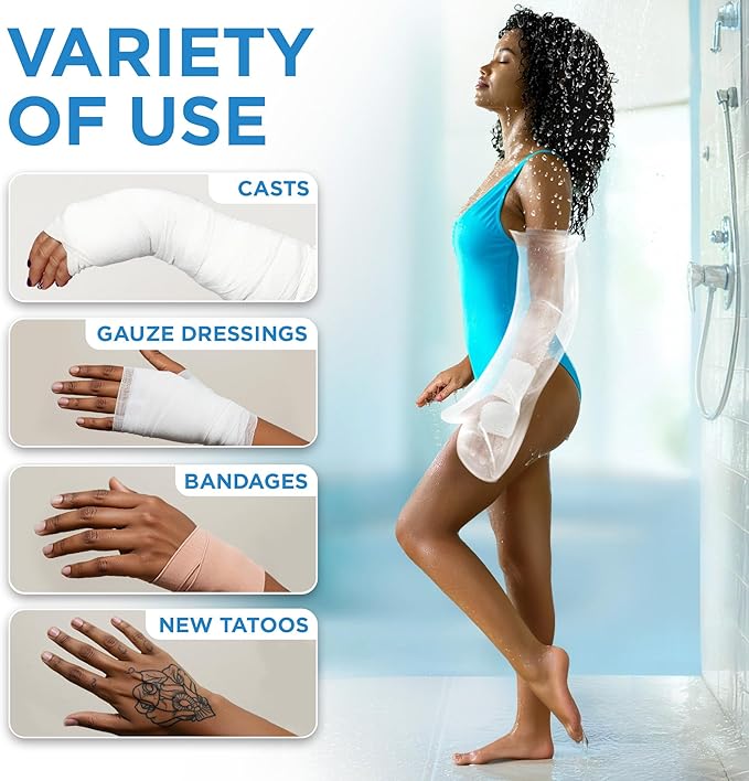 100% Waterproof Cast Covers for Shower Arm Adult - Tight Seal - 2pk Reusable Cast Protectors - Full Arm Bag Sleeves - Strong and Durable