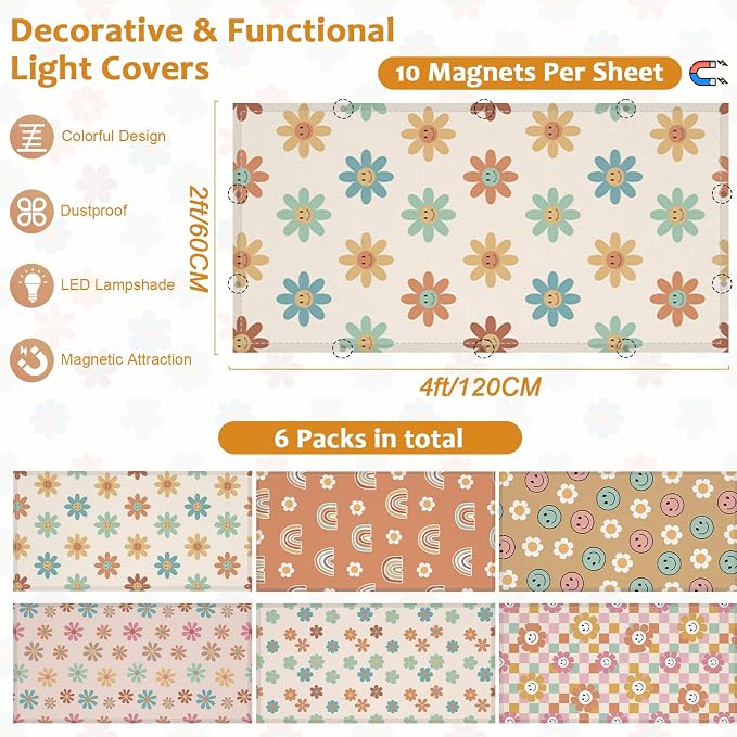 QOUBAI 6 Pcs Fluorescent Light Covers, 4 x 2 Ft Magnetic Light Filters Boho - Image 2