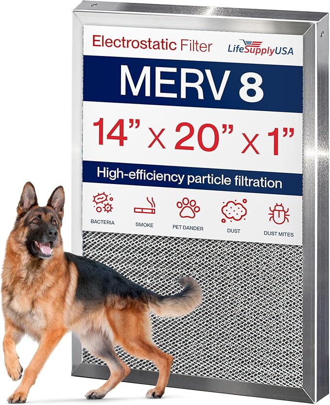 14x20x1 Electrostatic Air Filter, MERV 8, Reusable Furnace AC/HVAC Filter by LifeSupplyUSA