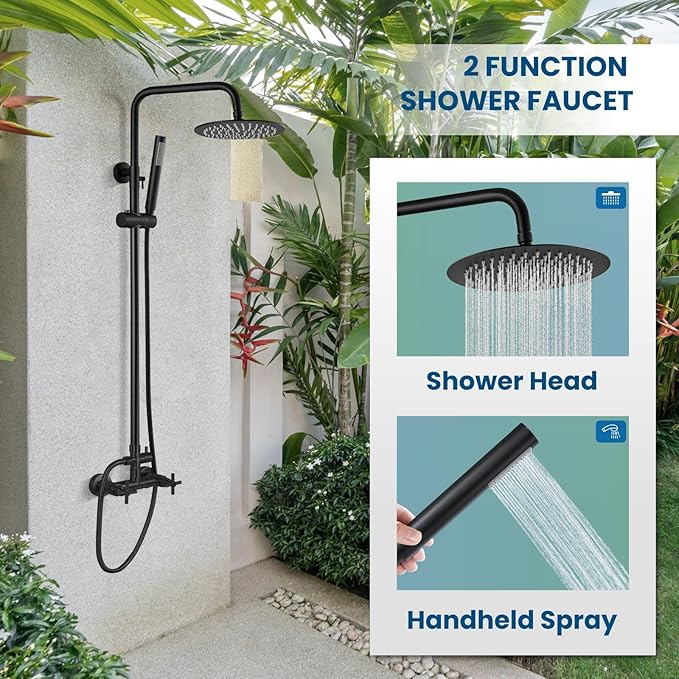 gotonovo Outdoor Shower Fixtures SUS304 Stainless Steel Rain Shower Kit Faucet High Pressure Wall Mount 2 Dual Function 8 Inch Showerhead and Handheld Spray Combo, Double Cross Handle, Matte Black