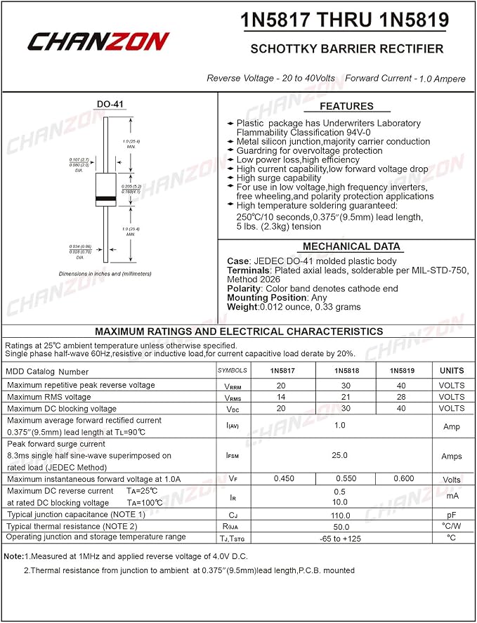 Chanzon 1N5817 Schottky Barrier Rectifier Diodes 1A 20V DO-41 Axial 5817 IN5817 - Image 2