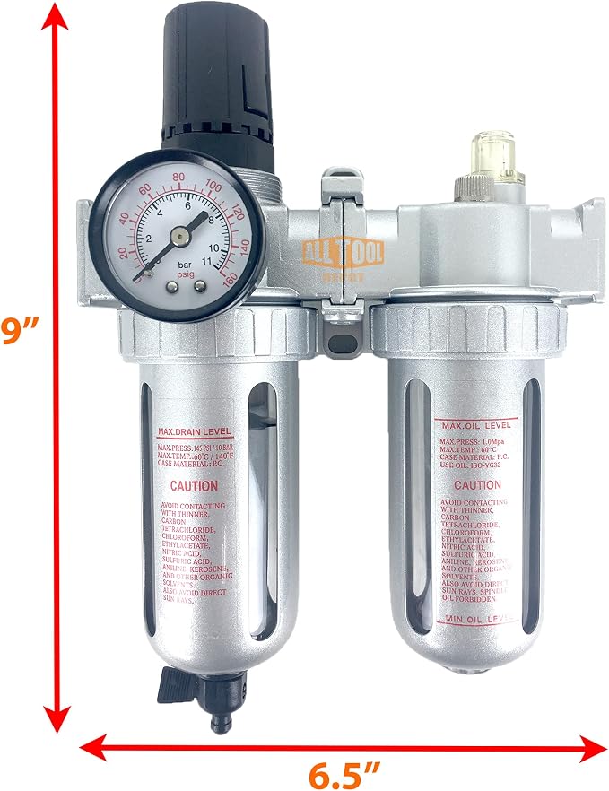 3/8" NPT Mid Flow Compressed Air In Line Filter Regulator Lubricator Oiler - Image 2