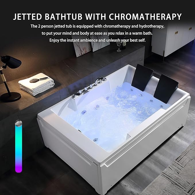 72-Inch Whirlpool Jetted Tub,Acrylic Hydro Massage Bathtub with 10 Jets, Color-Changing LED Lights,2-Person Jetted Bath Tub for Couples