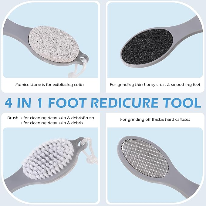 3 Pcs 4 in 1 Foot Brush for Use in Shower with Pumice Stone, Foot Rasp and Sandpaper, Foot Scrubber Brush for Feet, Dead Skin Remover for Foot Care