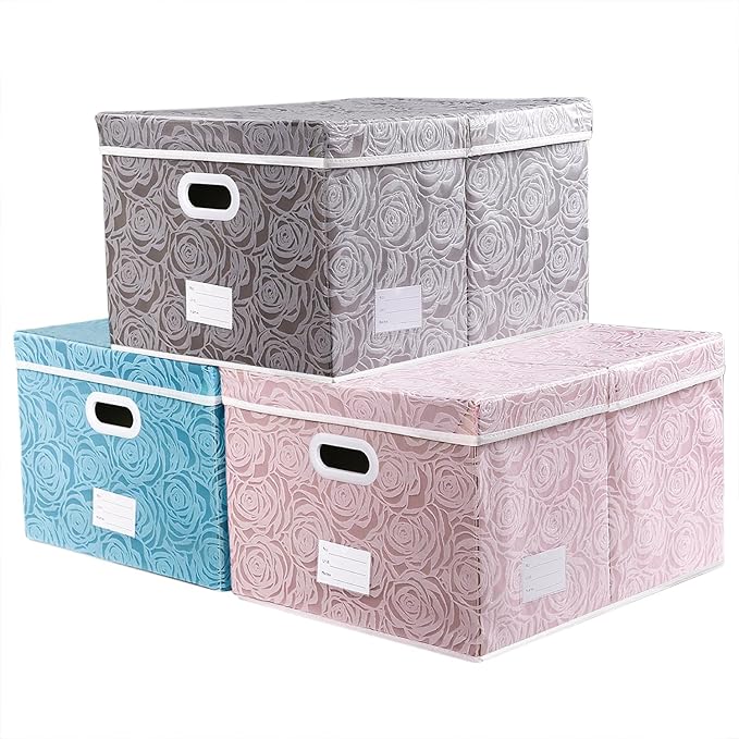 PRANDOM Jumbo Collapsible Storage Cubes with Lids Fabric Decorative Storage Bins Boxes Organizer Baskets with Cover Handles for Bedroom Closet Living Room 23.2x15.7x11.8 Inch 3 Pack