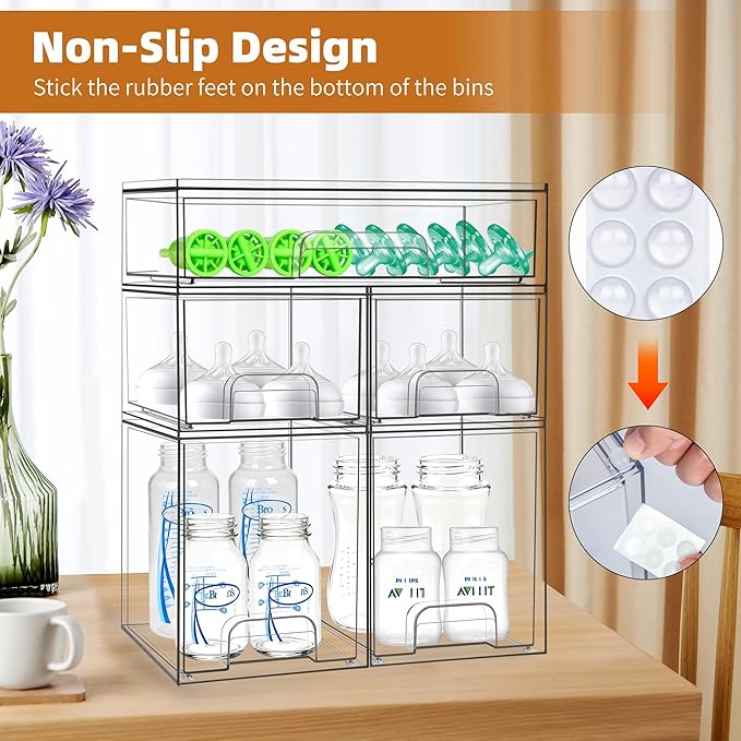 Baby Bottle Organizer, 5 Pack Stackable Storage Drawers with Labels, Clear Station Organizers Container for Pacifiers, Pump Parts, Desk Organizer Bins for Bathroom, Cabinet, Pantry, Vanity, Countertop
