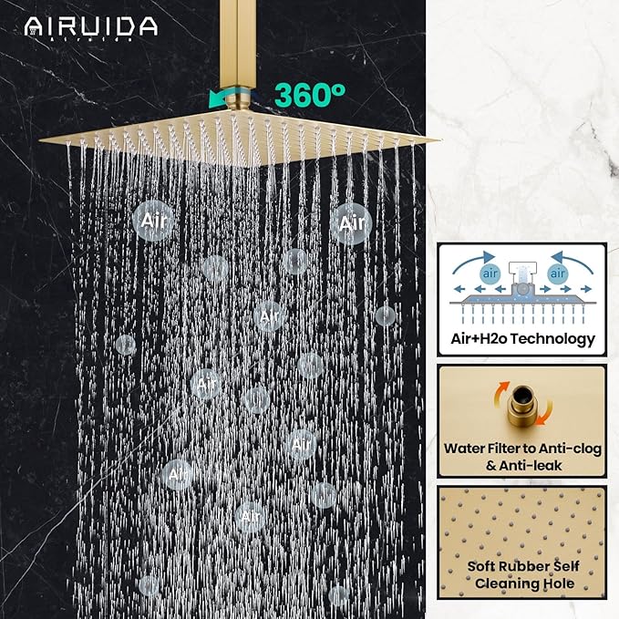 Airuida Shower Faucet Set and Handle Set Single Function Shower Trim Kit Ceiling Mount Rainfall Shower System with Male Threads and Rough-in Valve 10 Inch Square Shower Head Brushed Gold