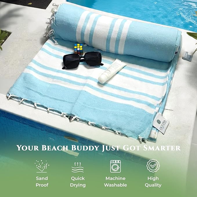 Turkish Cotton Beach Towel Pack of 6 & 1 Boho Tote Bag - Hammam Towels - No Shrink - Quick Dry - Lightweight - Sand Free - Camping - Pool - Tanning - Beach Essentials - Sky Blue (40"x70")