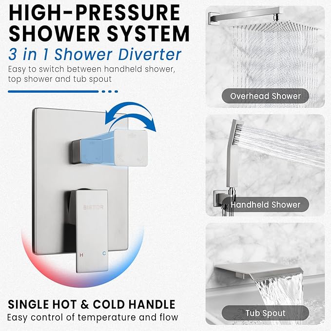 Wall Mounted Shower Faucet Set, Shower System with Tub Spout, 12 Inch Rainfall Shower Head with Handheld Spray, Waterfall Tub Spout Bathtub Faucet, Brushed Nickel