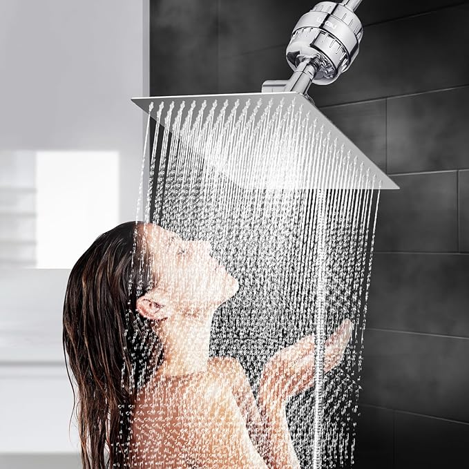 10" Dual Filtered Shower Head Showerhead Handheld Sprayer 20 Stage Water Filter Diverter 79" Hose Combo, Filtration Fixed Rain Rainfall, for Chlorine Well Water Hair Dry Skin, DSFC02 (square, 10")