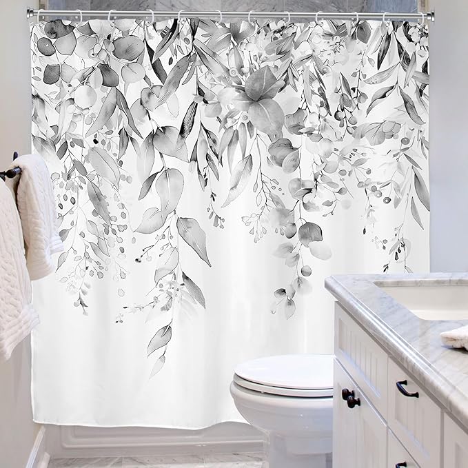 Riyidecor Grey Eucalyptus Leaves Shower Curtain for Bathroom Decor 72Wx72H Retro Plants Watercolor Floral Rustic Botanical Nature Gray Art Printed Fabric Polyester Waterproof 12 Pack Plastic