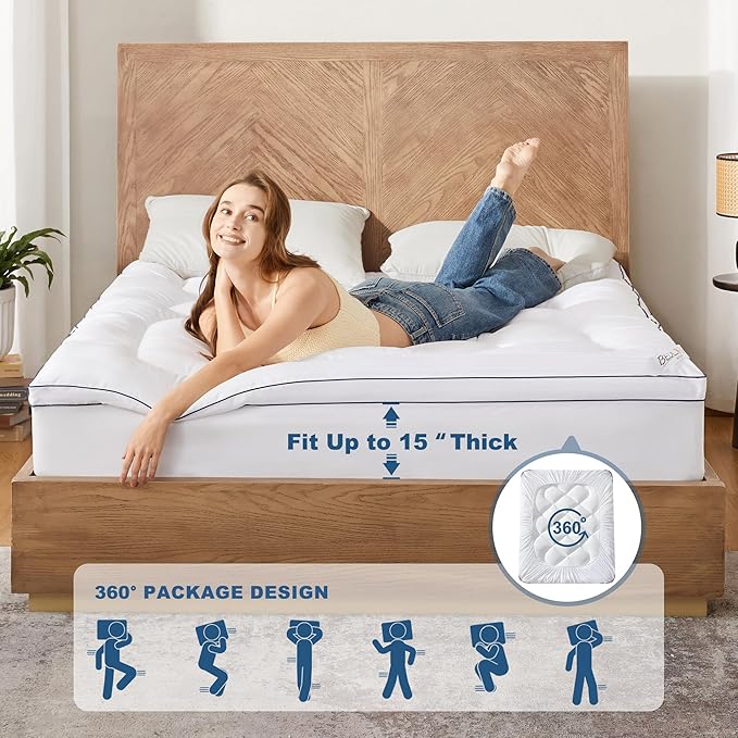 BEDLORE Twin Mattress Topper, Thick Pillow Top Pad for Back Pain Relief, Cooling Soft Mattress Cover with Deep Pockets 6-15 inch