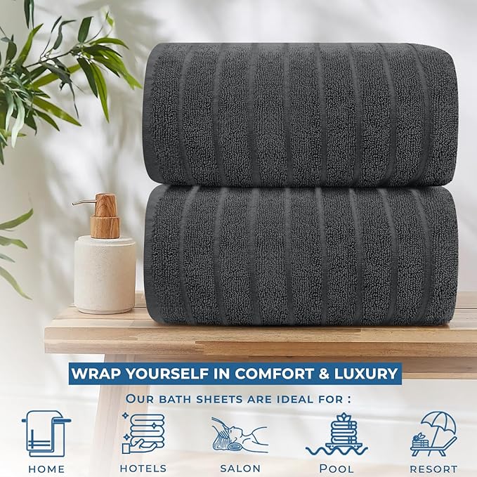 DAN RIVER Pack of 2 Bath Sheet 35x70 Inches, Extra Large Ribbed Gray Bath Towels Oversized, Absorbent Cotton Towels for Bathroom