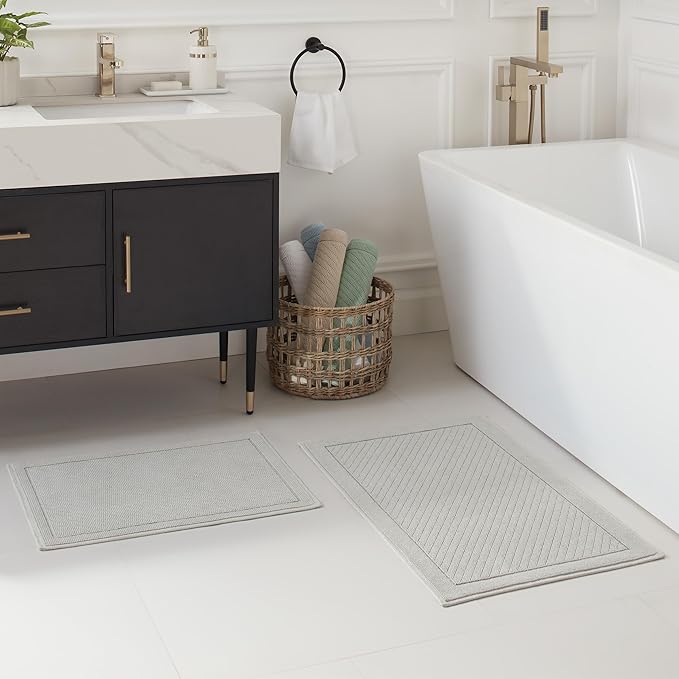 Arkwright 2 Piece 100% Cotton Bathroom Rug Set - High Absorbent Stylish Textured Woven Design Bath Mat, Slip Resistant Backing for Shower and Bathtub Floor, 17x24 & 20x32 in - Grey