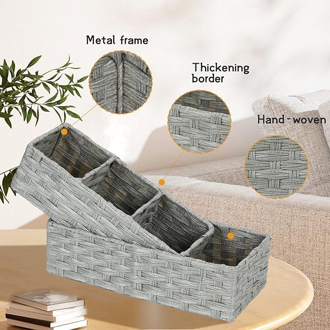 DULLEMELO Toilet Tank Basket, Set of 2 Plastic Wicker Bathroom Baskets for Organizing, Waterproof Toilet Paper Storage Basket for Bathroom, Light Grey