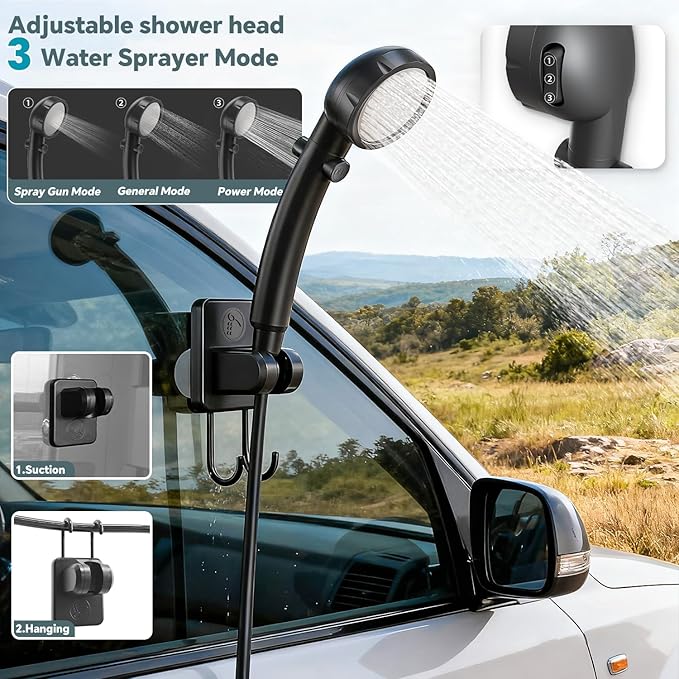 SHIJING Portable Shower with Heater,8000mAh Rechargeable Battery for Camping Shower, 6 Pressure Levels & 3 Modes for Outdoor, Pet, Car Wash,1500W Auto-Off Heater