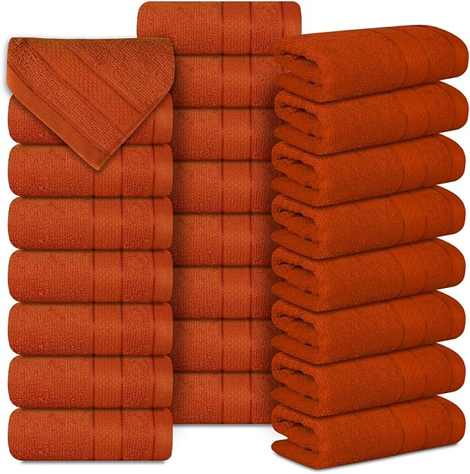 Casa Lino Face Towels & Body Wash Cloths for Showering - 100% Cotton Wash Cloths for Bathroom - Highly Absorbent & Quick Drying Washcloth Set - Cotton Washcloths 24 Pack (12" x 12") - (Coral Orange)