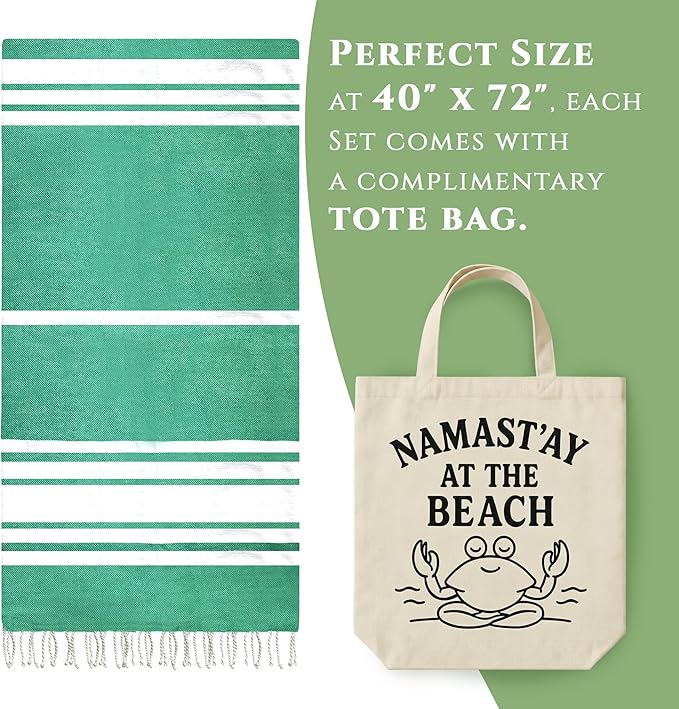Turkish Cotton Beach Towel Pack of 4 & 1 Boho Tote Bag - Hammam Towels - No Shrink - Quick Dry - Lightweight - Sand Free - Camping - Pool - Tanning - Beach Essentials - Green (40"x70")