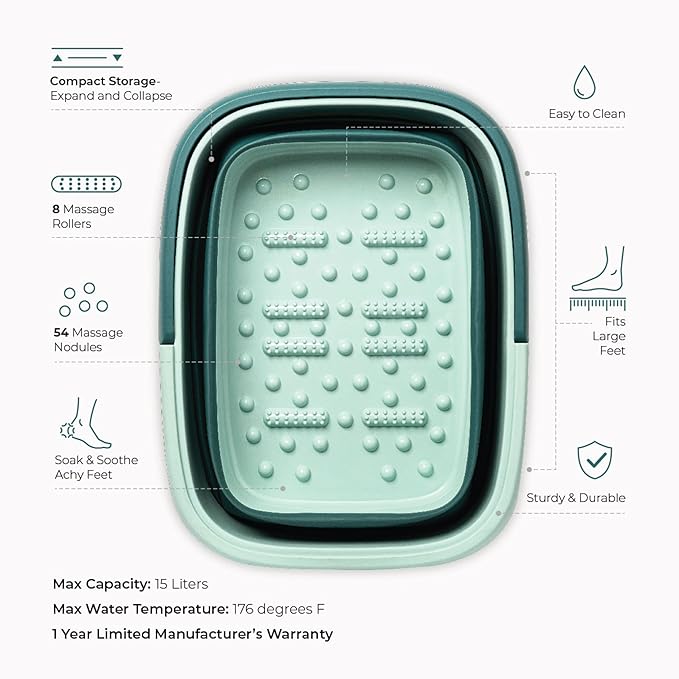 Mantello Collapsible Foot Bath Foot Soaking Tub | Portable Foot Spa Pedicure Bowl | Large Basin to Soak & Wash Feet | Folding Bucket with Carry Handle | White & Grey, Blue, Green [Green]