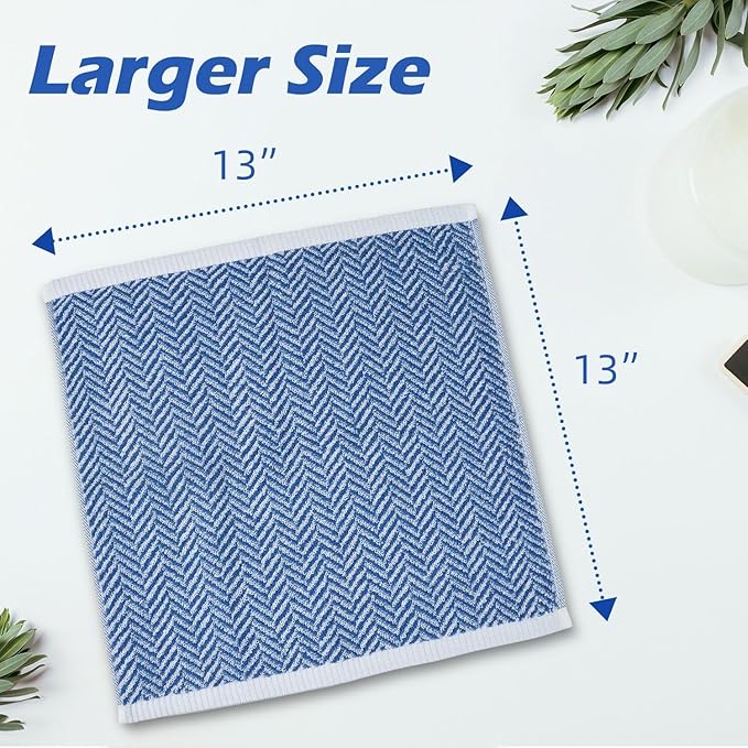 Cleanbear Wash Cloths for Your Face and Body, 12 Washcloths for Showering with Decorative Herringbone Stripes, 100% Cotton, Light Blue, 13 x 13 Inches
