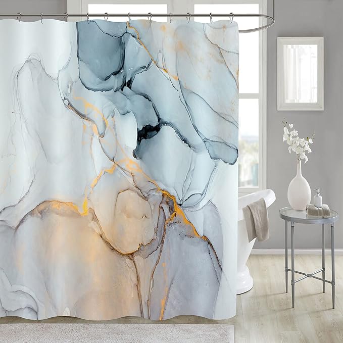 Gibelle Long Fabric Shower Curtain 72 x 78, Tall Abstract Grey Blue Marble Shower Curtain, Modern Ink Art Waterproof Fabric Shower Curtain Set with Hooks