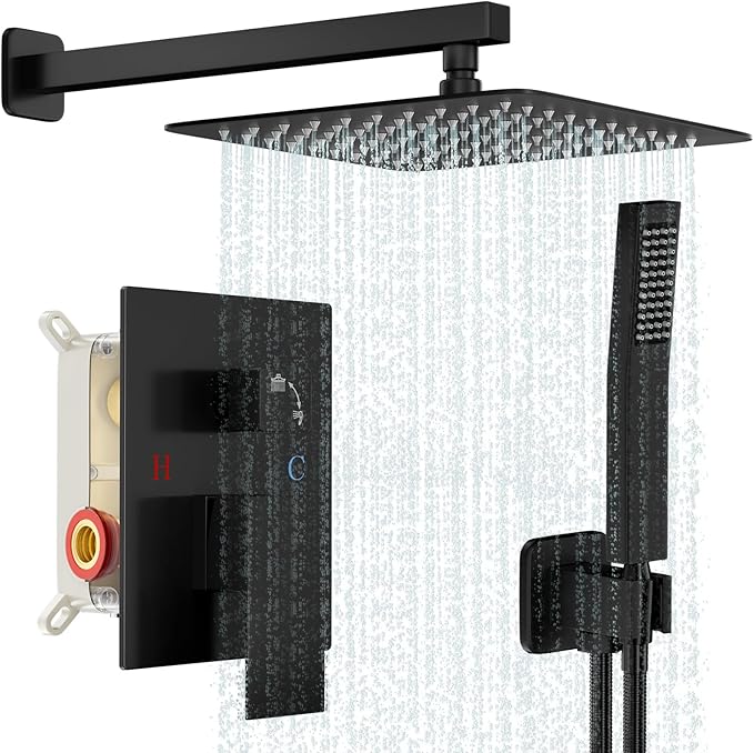 Black Shower System, Shower Faucet Set Bathroom Square Rain Shower Head and Handle Set, Wall Mounted Shower Fixtures With Shower Valve and Trim Kit 10 inch Matte Black