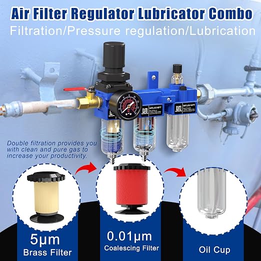 NEWPO 1/4" NPT Compressed Air Filter Regulator Lubricator Combo, Water/Oil Trap - Image 3