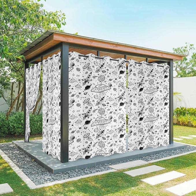 Cartoon Space Outdoor Curtains for Patio Rockets Astronauts Planets Black by Unknown