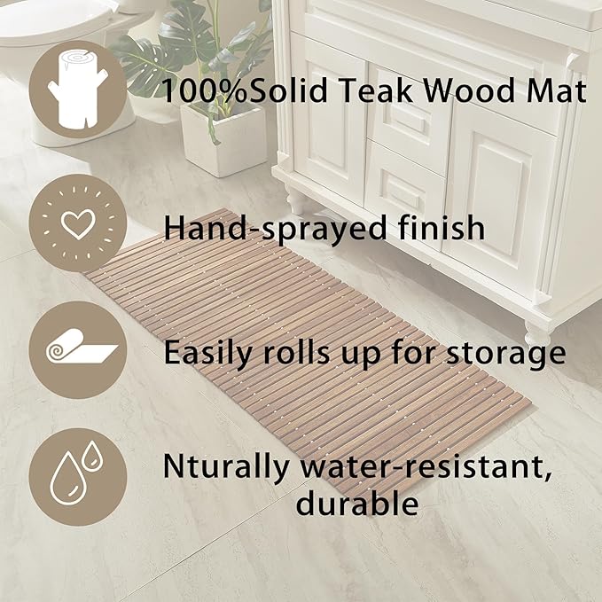 Teak String Shower Mat,Wood Non Slip Bath Mats for Bathroom, Quick Dry Bath Tub Mat for Spa, Sauna, Pool, Hot Tub Flooring Decor and Protector(19.69" W x 46.46" L)
