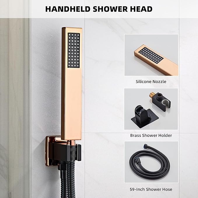 Shower Faucet Set with Tub Spout, Matte Black and Rose Gold Rainfall Shower System Complete Wall Mounted for Bathroom with 10 Inch Square Shower Head and Handheld Shower Head Rain Mixer Combo