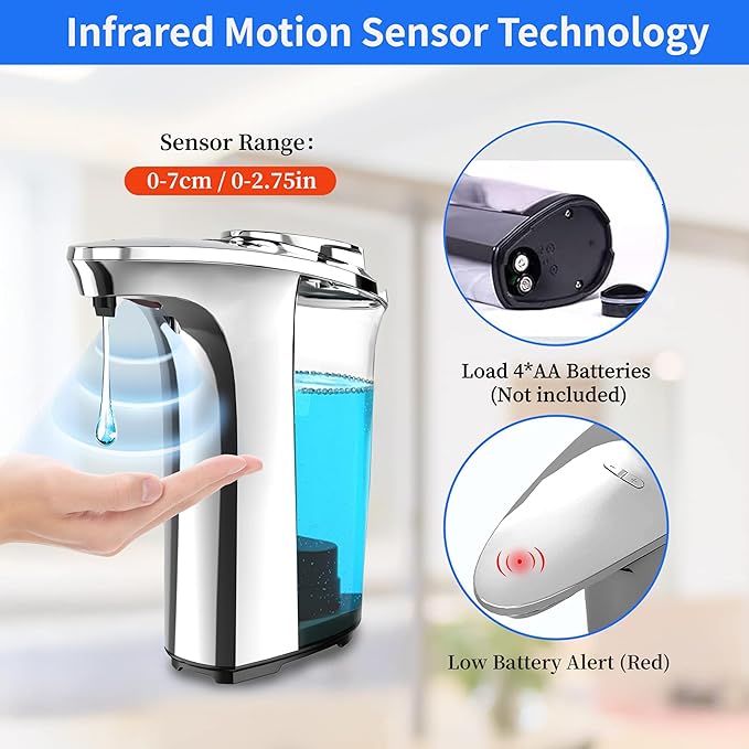 Automatic Soap Dispenser Touchless 17oz/500ml, Set of 2 Pack Liquid Soap Dispenser, Battery Countertop Dispensers with 5 Adjustable Levels, Bathroom Lotion Dispensers Over Sink, Silvery