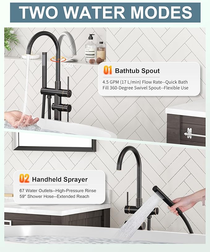 Freestanding Tub Filler Faucet Bronze: High Flow Brass Floor Mount Bathtub Filler, Swivel Gooseneck Spout with Single Handheld Sprayer for Bathroom Shower, Oil Rubbed Bronze