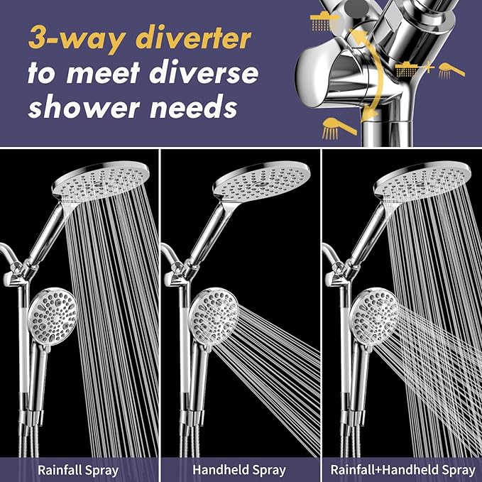 HOWUWEY Filtered Dual Shower Head with Handheld Spray Combo for Hard Water, 7.5-inch Modern High Pressure Shower Head with 9-mode Handheld and Filter, 79-inch Hose (Filtered, Chrome)