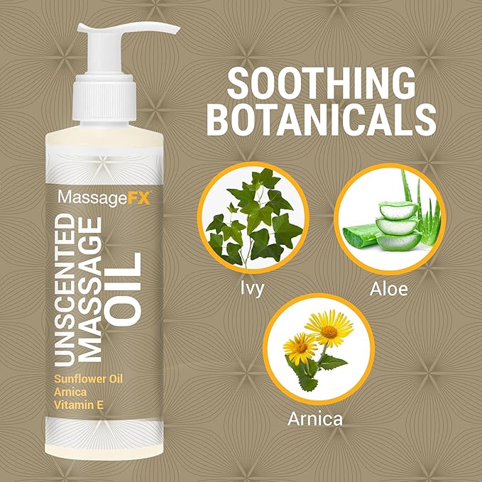 Massage Oil by Massage FX - 100% Pure Sweet Almond & Sunflower Seed Oil - Vitamin E - Ivy, Arnica & Aloe - Unscented - Perfect for a Full Body Massage, Maximum Friction - Paraben Free - 8 Ounces Pump